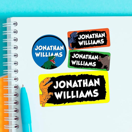 Personalized Name Tag Stickers for Kids | Dinosaur Waterproof Labels for School by Cryptonite