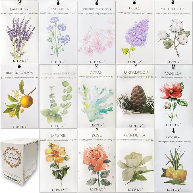 14 Packs Scented Sachets fit Drawers and Closets 14 Different Scent Gift Box by LIFFLY