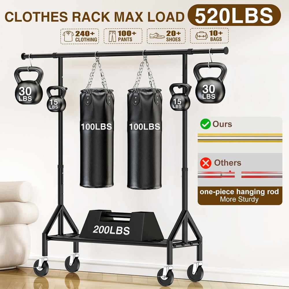 Heavy Duty Clothes Rack Load 520LBS, Adjustable Rolling Clothing Rack with St...