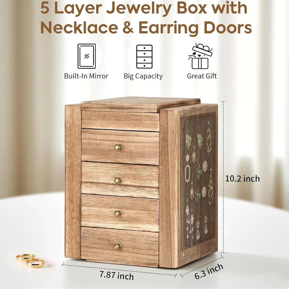 Meangood Jewelry Box Wood for Women, 5-Layer Large Organizer Box with Mirror ...