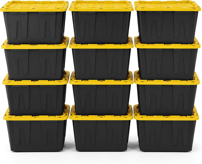 12-Pack Heavy Duty Storage Totes with Lids, 27 Gallon - Stackable Plastic Storage Bins, Industrial Organizer Containers for Garage, Closet, Basement, Office, Moving & Outdoor Storage
