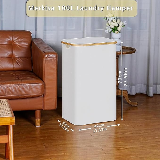 100L Laundry Hamper with Lid, Lagre Basket with Bamboo Handles, Foldable - Image 3