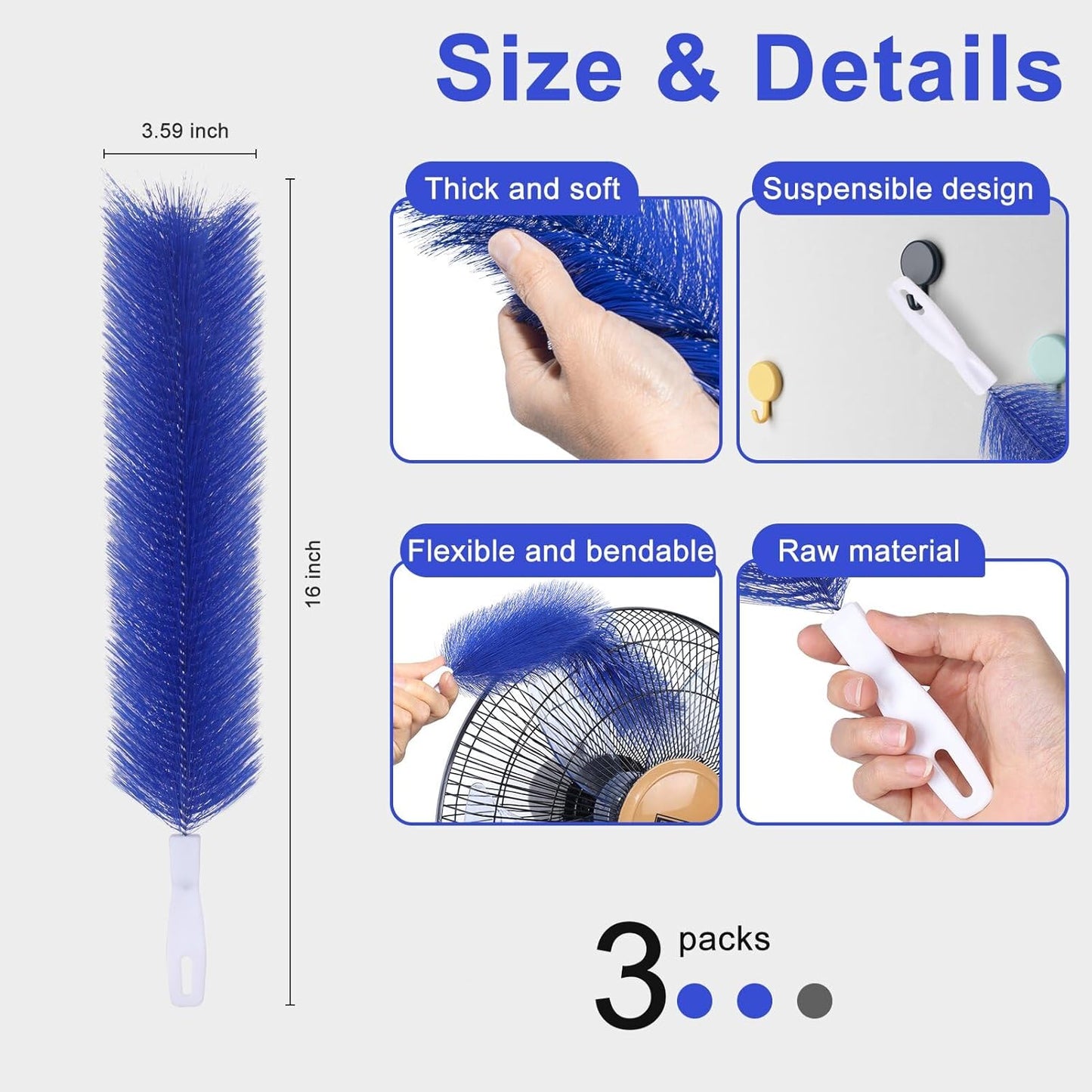 3 Pcs Fan Cleaning Brush Bendable Cobweb Duster - Microfiber Head, Washable - Ideal for Ceiling Fan Blades, Air Vents, Curtains, Cars - Reusable Dust Remover