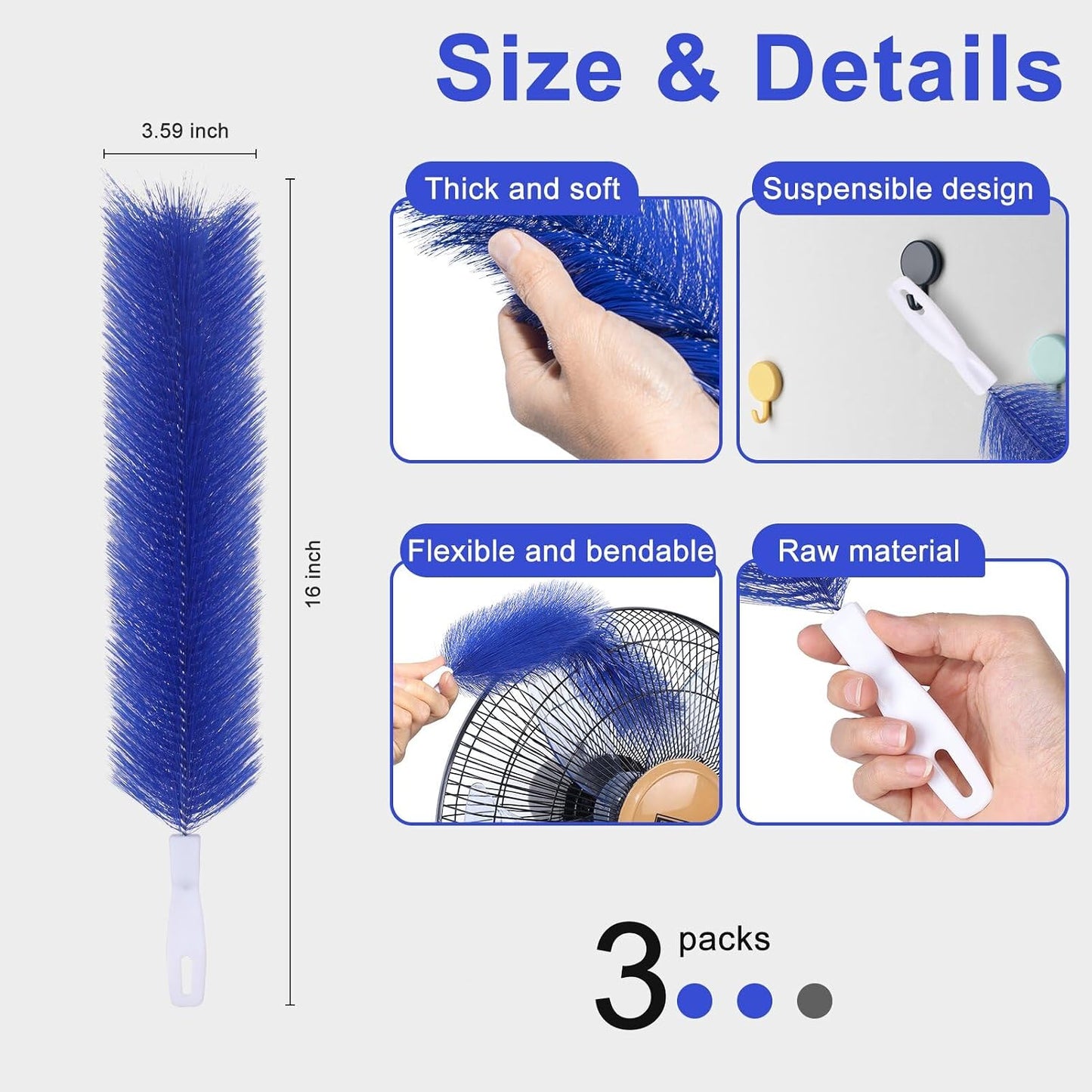 3 Pcs Fan Cleaning Brush Bendable Cobweb Duster - Microfiber Head, Washable - Ideal for Ceiling Fan Blades, Air Vents, Curtains, Cars - Reusable Dust Remover