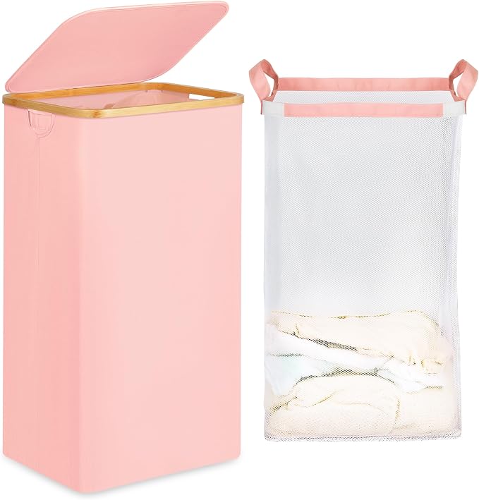 26 Gal Laundry Basket with Lid and Net Bag, Tall Laundry Hamper with Bamboo by efluky