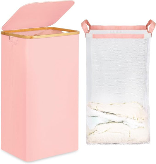 26 Gal Laundry Basket with Lid and Net Bag, Tall Laundry Hamper with Bamboo by efluky