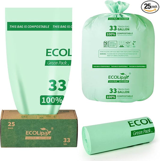 ECOLipak 33 Gallon Compostable Trash Garbage Bags, US BPI ASTM D6400 and OK by ECOLipak