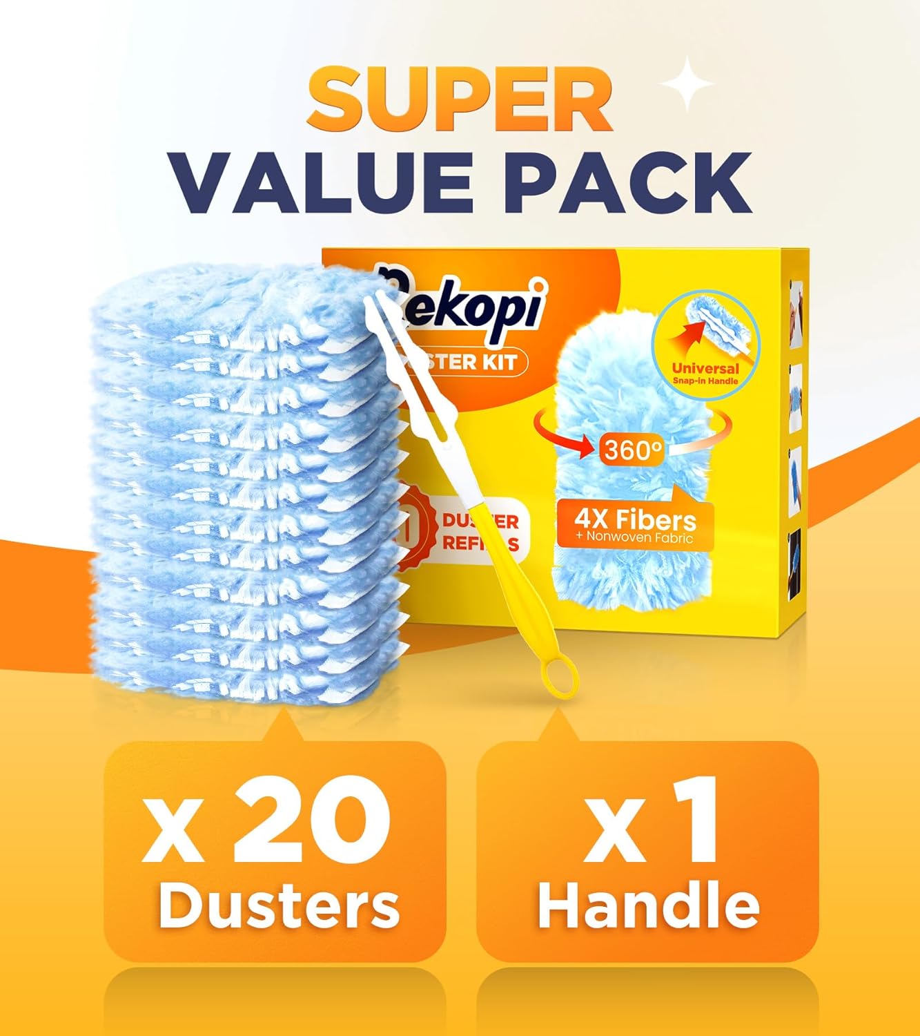 Heavy Duty Duster Refills for Swiffer Duster, 20 Count Duster Refills with 1 Handle, Multisurface 360° Dusters with 4X Microfibers, Unscented Disposable Dusters for Cleaning