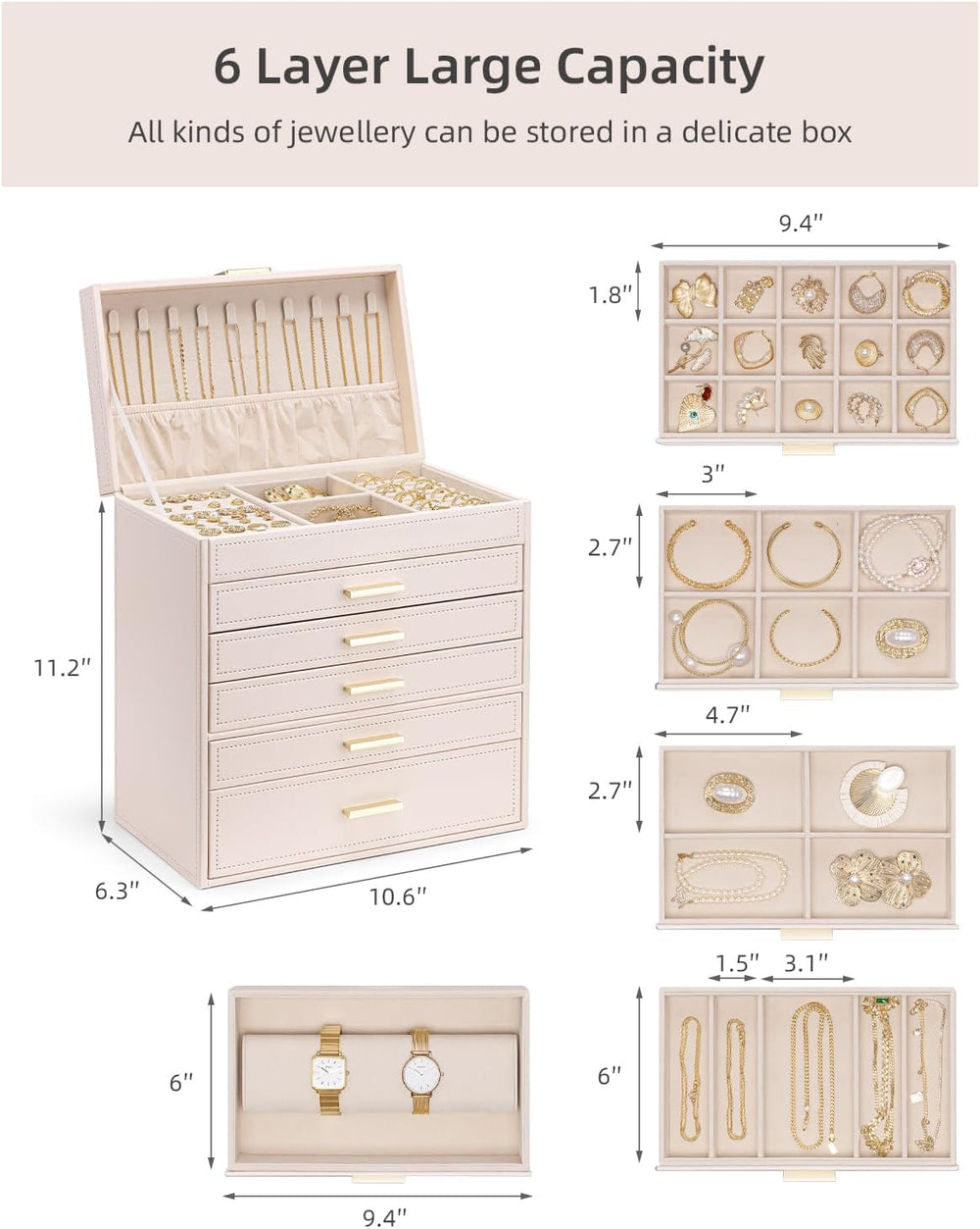 VLANDO Large Jewelry Box, 6 Layer Storage Organizer, Removable Dividers