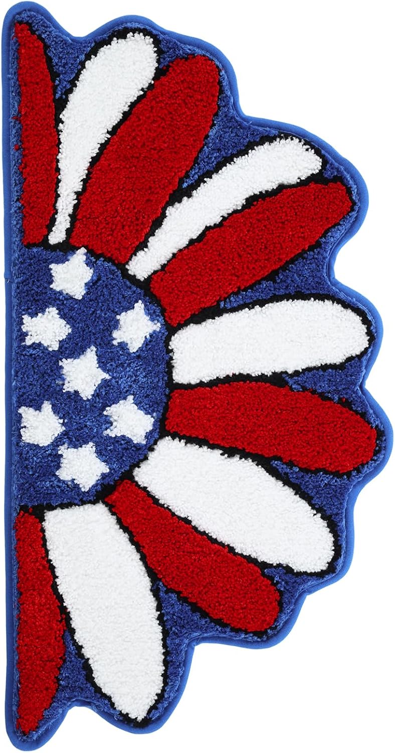 Moutina Memorial Day Daisy Floral Bath Mat 16x30 Inch, Soft and Absorbent Tufted 4th of July Bathroom Rug Non Slip Washable, Patriotic Bathroom Decor Half Circle Rug Holiday Decorations