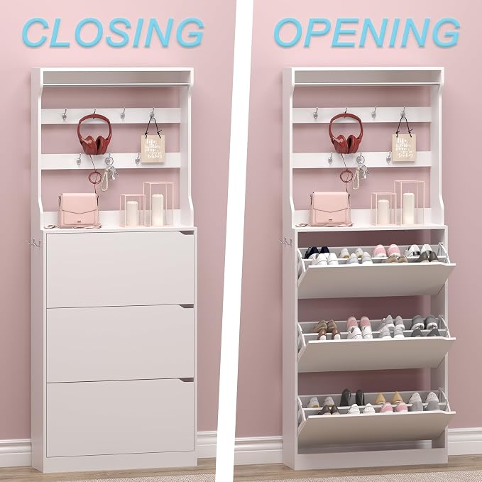 Shoe Cabinet with 3 Flip Drawers & Coat Rack, Narrow Hidden Shoe Storage Cabinet - Image 5