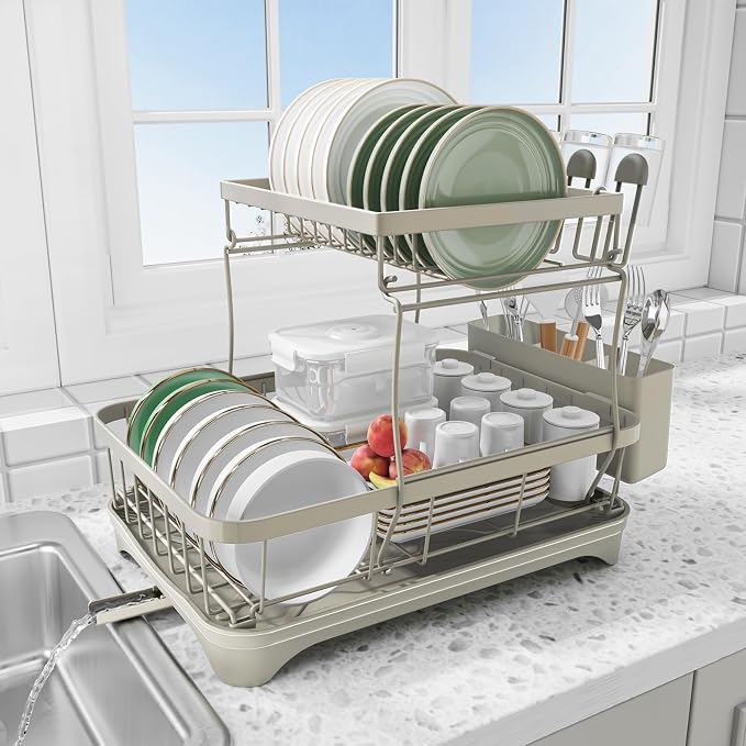 Dish Drying Rack for Kitchen Counter, Two-Tier Dish Rack by HOMEBOSILY