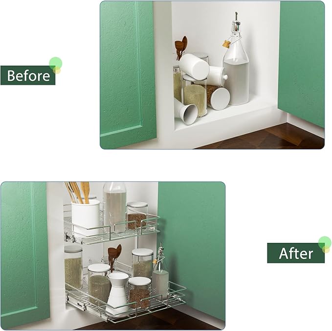 LOVMOR 2 Tier Individual Pull Out Cabinet Organizer 11" W x 18" D, Slide Out - Image 7