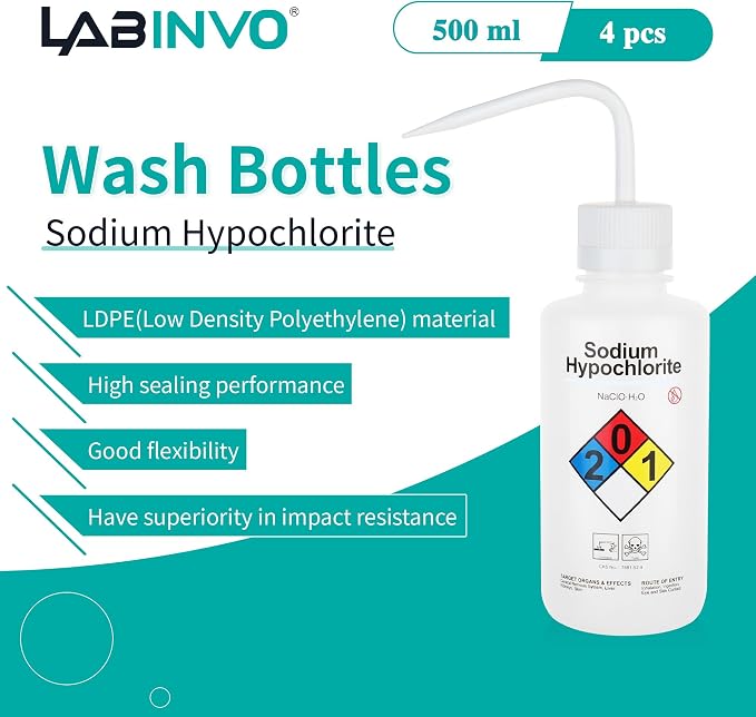 4pcs of Sodium Hypochloride Wash Bottles, Narrow Mouth, Self-Venting Safety - Image 2