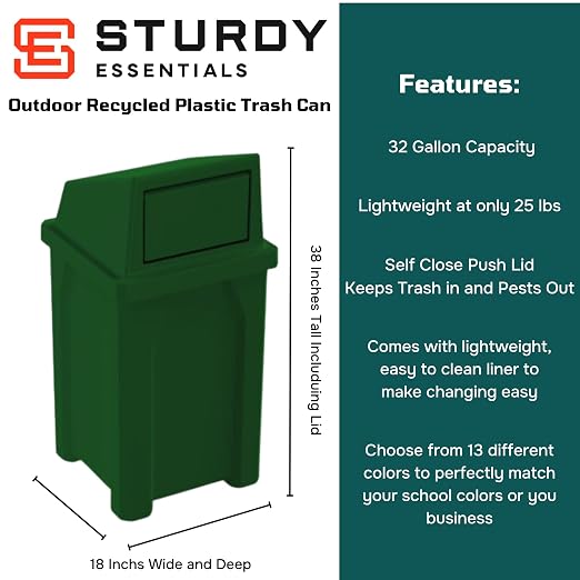 32 Gallon Square 100% Recycled Plastic Heavy Duty Outdoor Trash Can - Image 2
