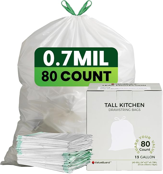 Large Trash Bag 13 Gallon Tall Drawstring 100% Post-Consumer Recycled Garbage by ValueGuard