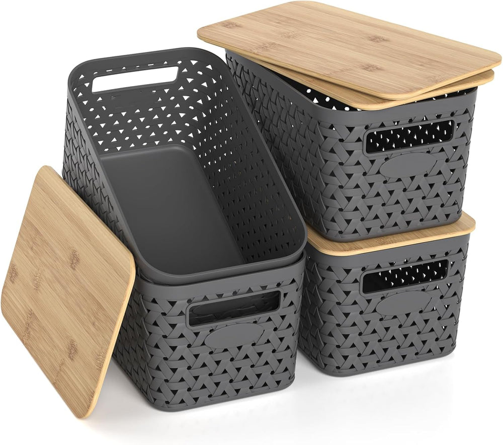 Plastic Storage Bins with Bamboo Lids, Stackable Small Box Baskets for Organi...