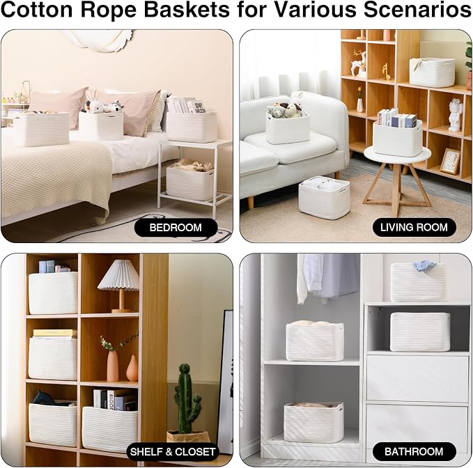 White Storage Baskets for Organizing, Woven Storage Baskets for Shelves - Image 4