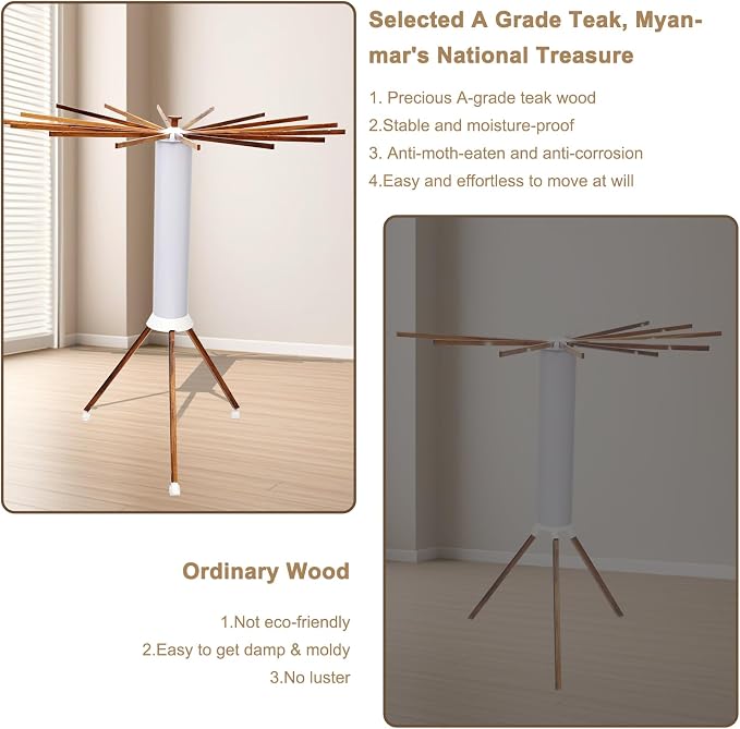 Portable Teak Tripod Clothes Drying Rack, Foldable Space-Saving Design - Image 3
