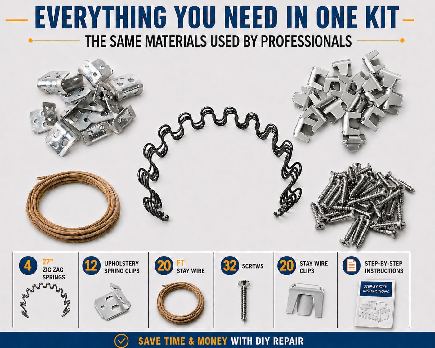 27 Inch Couch Spring Repair Kit for Sagging Sofa Cushions, Includes Springs, Stay Wire, Clips and Screws (27" 4-Pack Spring Kit)