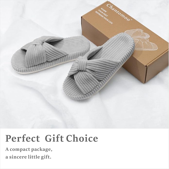 Chantomoo Slippers for Women Memory Foam House Bedroom Corduroy Bow Crossbands - Image 5