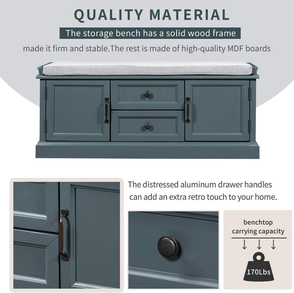 Storage Bench, Solid Wood Shoe Bench with 2 Drawers/2 cabinets/Removable Cush...
