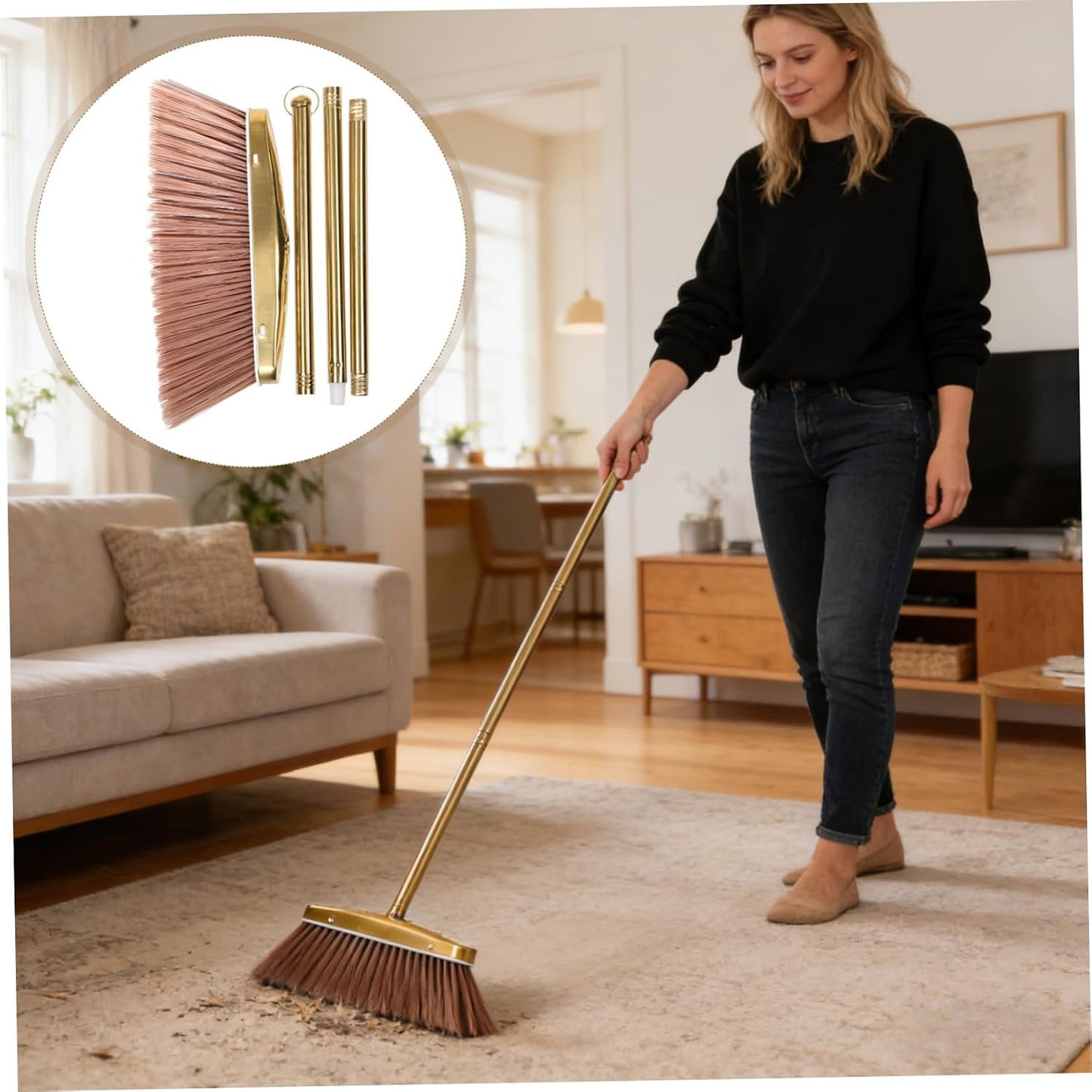 MAGICLULU Golden Stainless Steel Dust Broom Weather Resistant and Moistureproof Material with Detachable Handle Sturdy Hardwood Floor Sweeper for Indoor and Yard Floor Cleaning for House