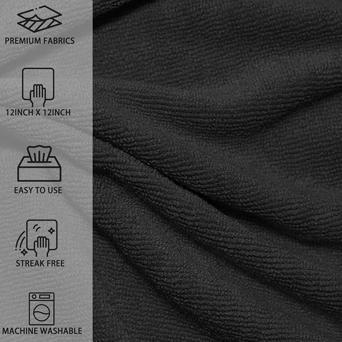 MRD's Home 12" x 12" Black Microfiber Cleaning Cloth, Lint Free, Scratch & - Image 2