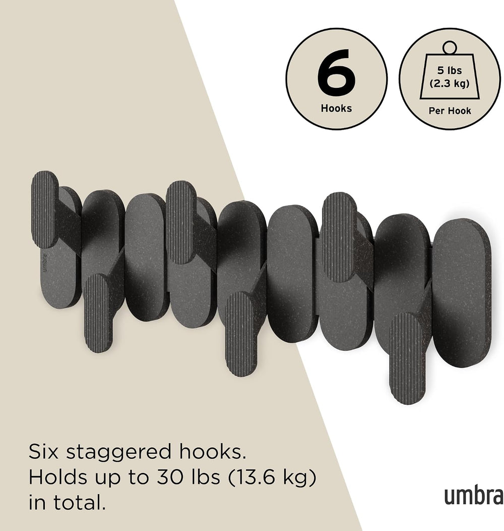 Umbra Tempo Wall Hooks, 6-Hook Coat Rack Wall Mount, Black