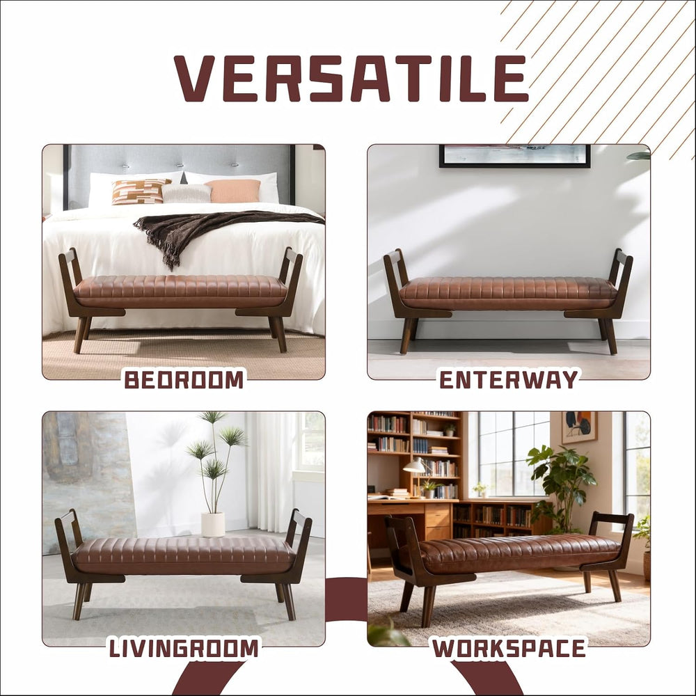 52" Upholstered Bench, Brown Faux Leather, Walnut Legs