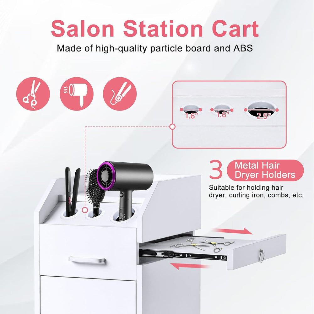 Winado Salon Trolley Cart with 4 Trays, 3 Hair Dryer Holders, White