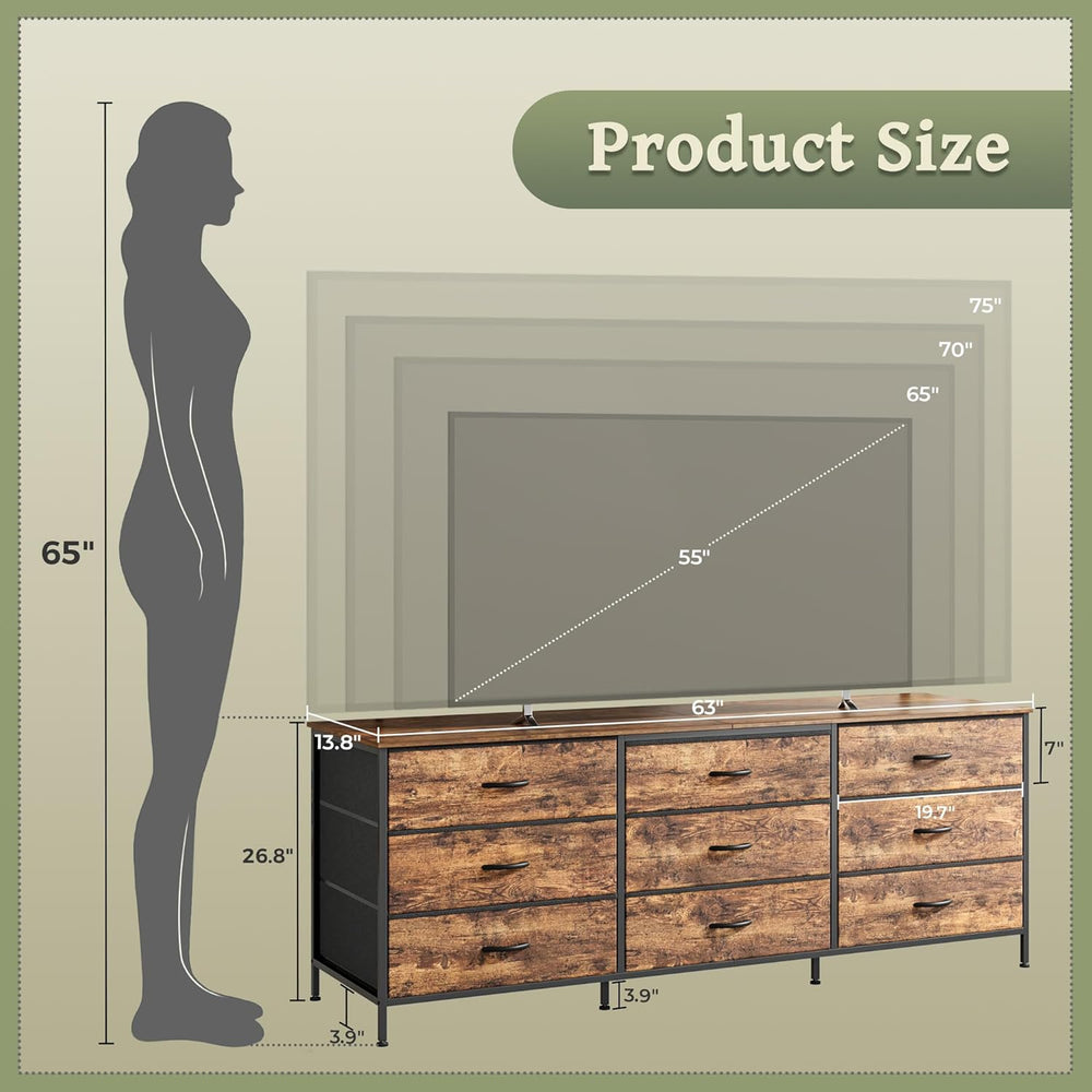 Huuger 63 Inch Dresser for Bedroom, Dresser for Closet with 9 Fabric Drawers,...