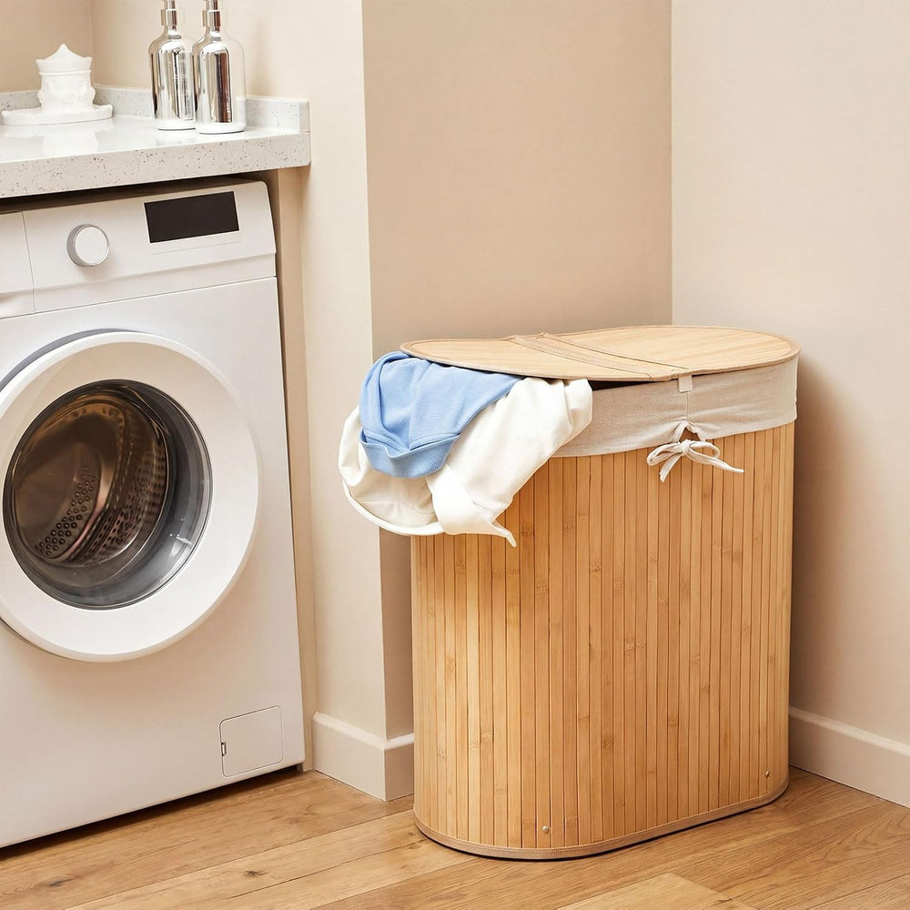Gueevin Oval Bamboo Laundry Hamper with Lid, Carbon, 24 x 23 x 13 Inch
