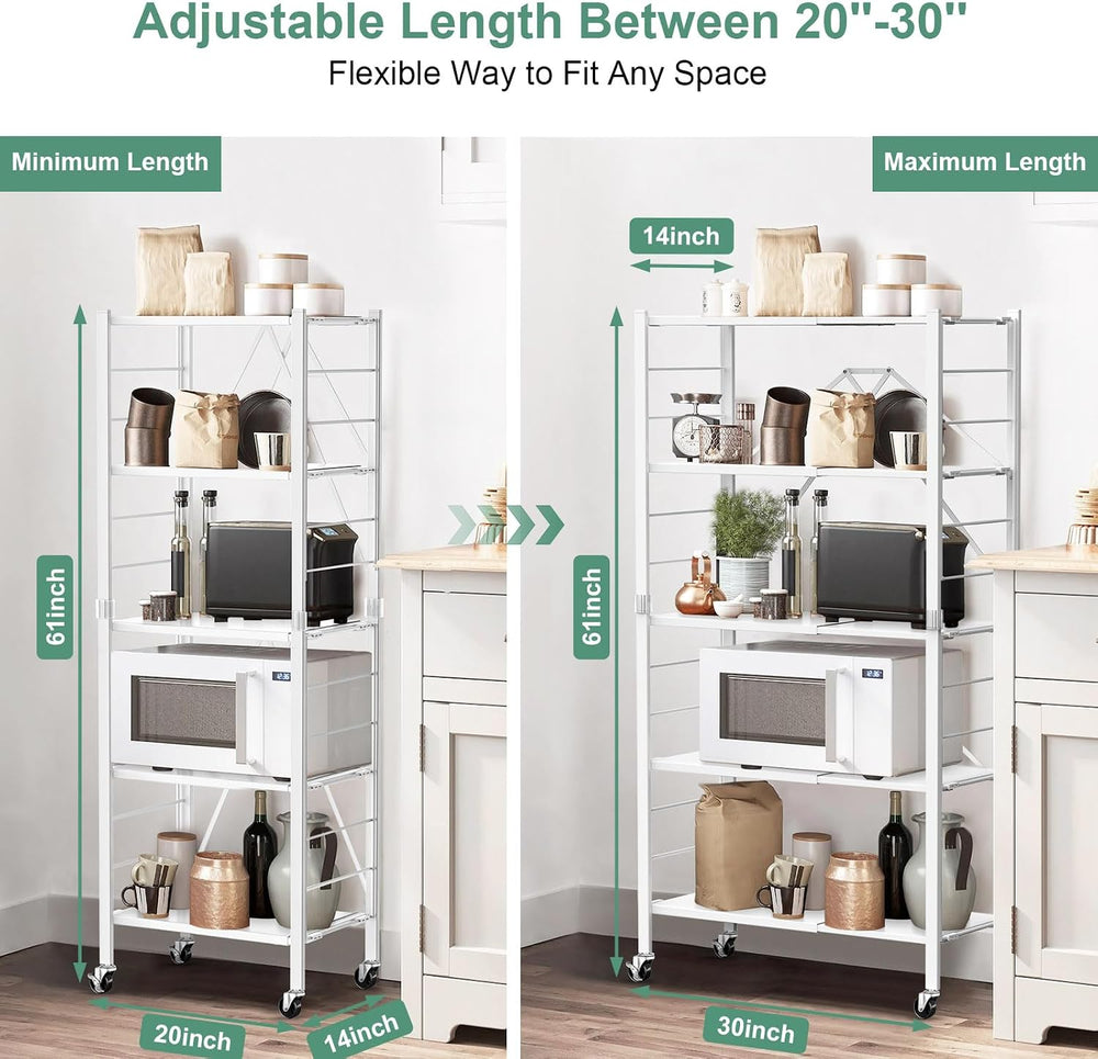 Himix 5-Tier Foldable Storage Shelves with Wheels Expandable Kitchen White