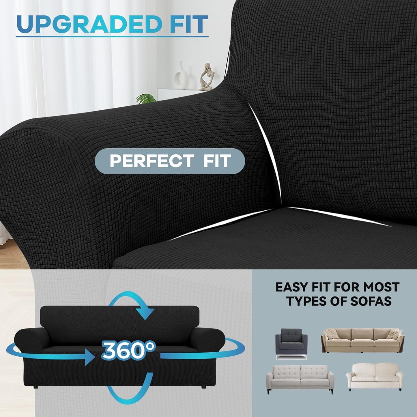 LURKA Stretch Sofa Slipcovers Couch Covers for 3 Cushion Couch Sofa Pet Friendly Non Slip Sofa Cover Washable Furniture Protector with Elastic Bottom (Large, Black)