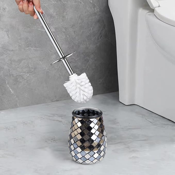 Escenzy Modern Toilet Brush and Holder Set Mosaic Glass | Non-Rustic Stainless - Image 6