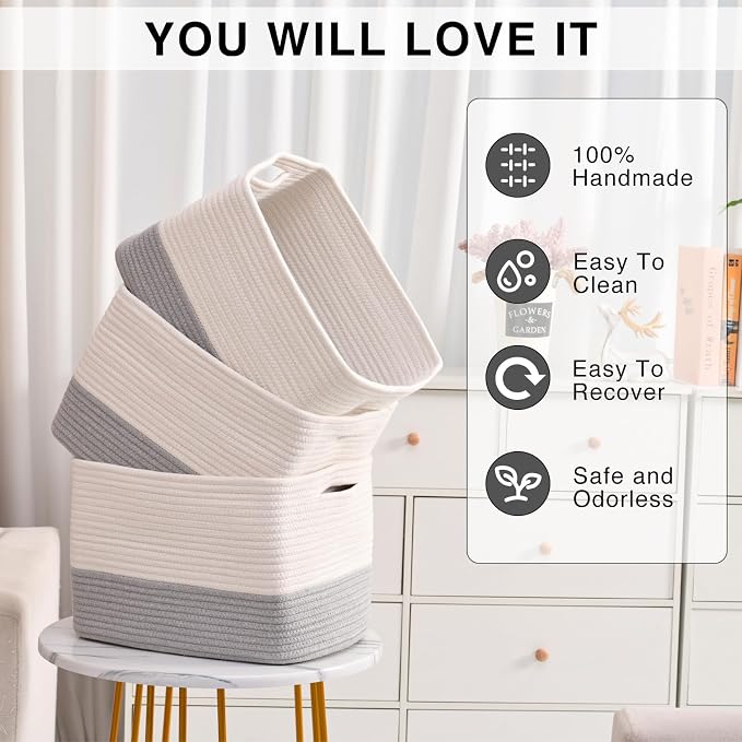 Storage Baskets for Organizing Shelves, Woven Cotton Rope Bins for Baby Nursery - Image 5