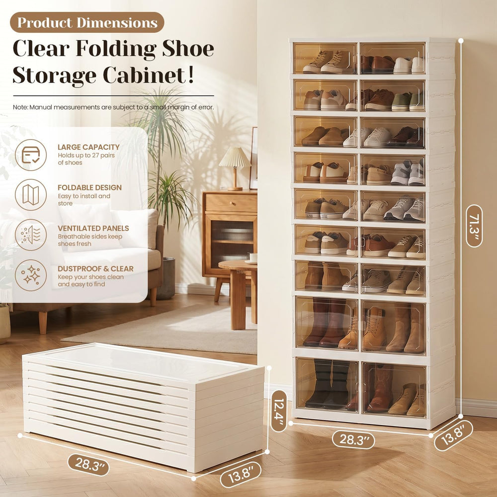Foldable Shoe Rack, 9-Tier Shoe Storage Cabinet with Clear Doors for Closet