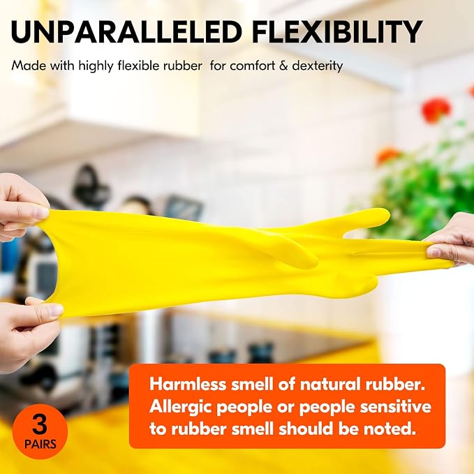 Vgo... 3-Pairs Reusable Household Gloves, Rubber Dishwashing gloves, Extra - Image 4