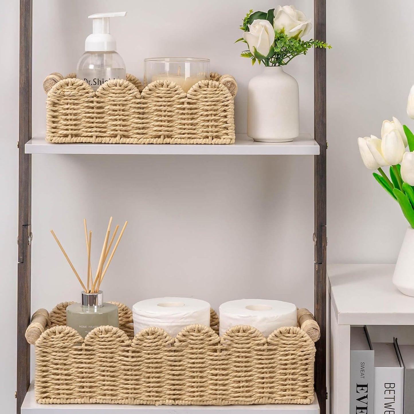 CubesLand Scalloped Toilet Paper Storage Basket for Over Toilet Shelves | Decorative Wicker Organizer Basket Perfect for Home Countertop Storage, Small Basket, Living Room Shelf Decor, Beige