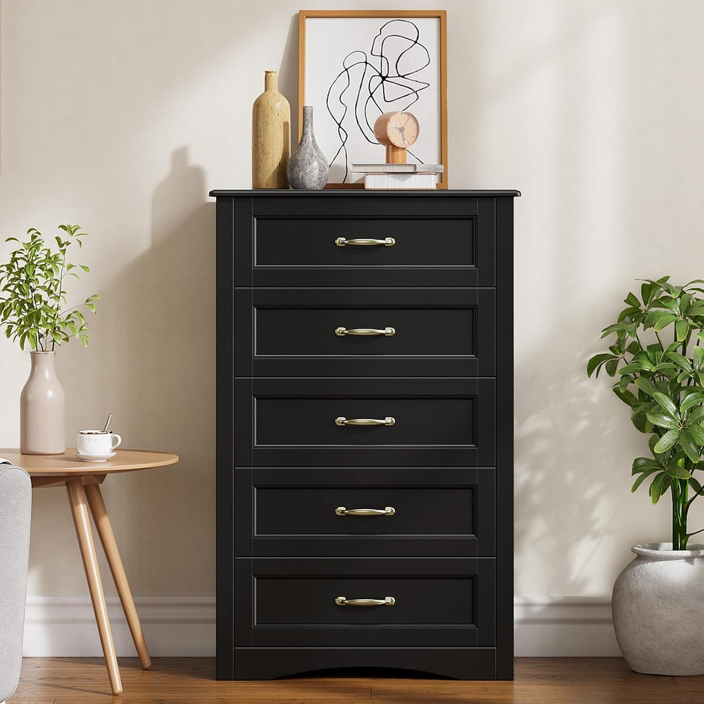 Gizoon 5 Drawer Dresser, Black Wood Chest of Drawers for Bedroom