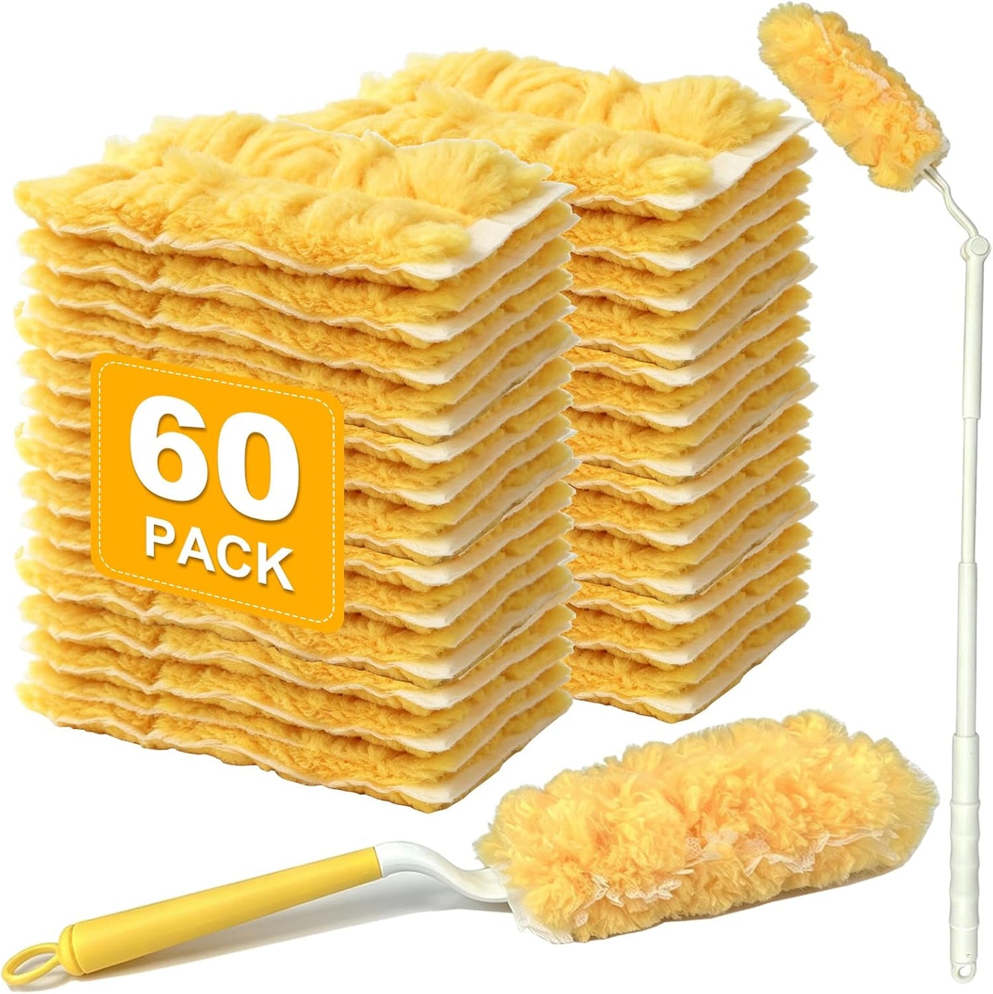 60 Count Heavy Duty Duster Refills for Swiffer, Multi Surface 360° Feather Duster with 2 Handle, Disposable Dusters Kit for Cleaning, Furniture, Blind, Ceiling Fan