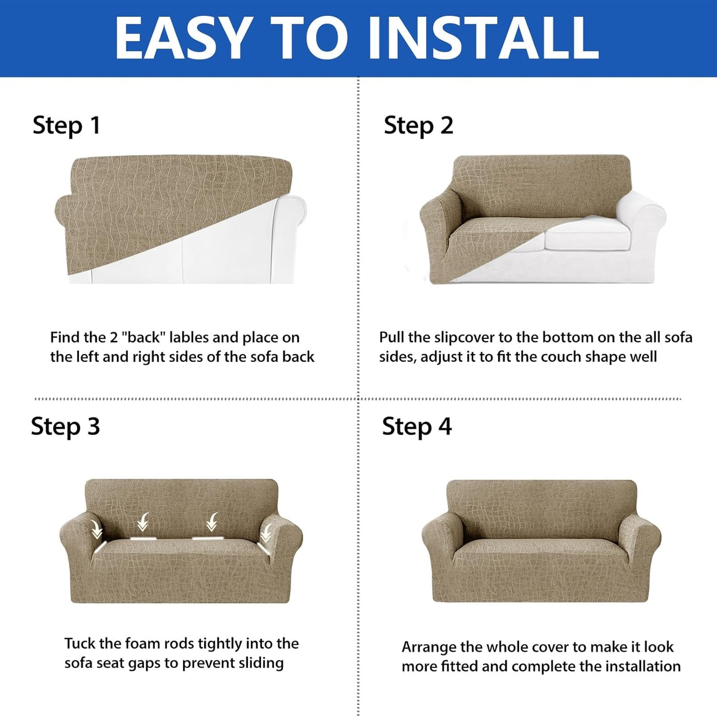 Waterproof Sofa Slipcover 3 Cushion Couch X-Large Sofa Cover,91"-110" Non Slip Soft Couch Sofa Cover Washable Furniture Protector with Non Skid Foam and Elastic Bottom for Kids, Pets,Khaki
