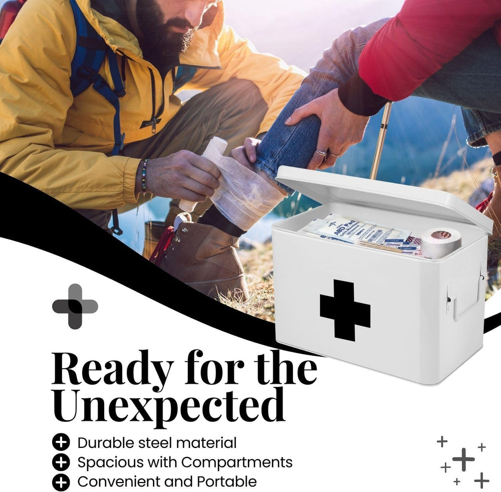 Flexzion Large Metal First Aid Box Empty, 13-Inch, White with Black Cross