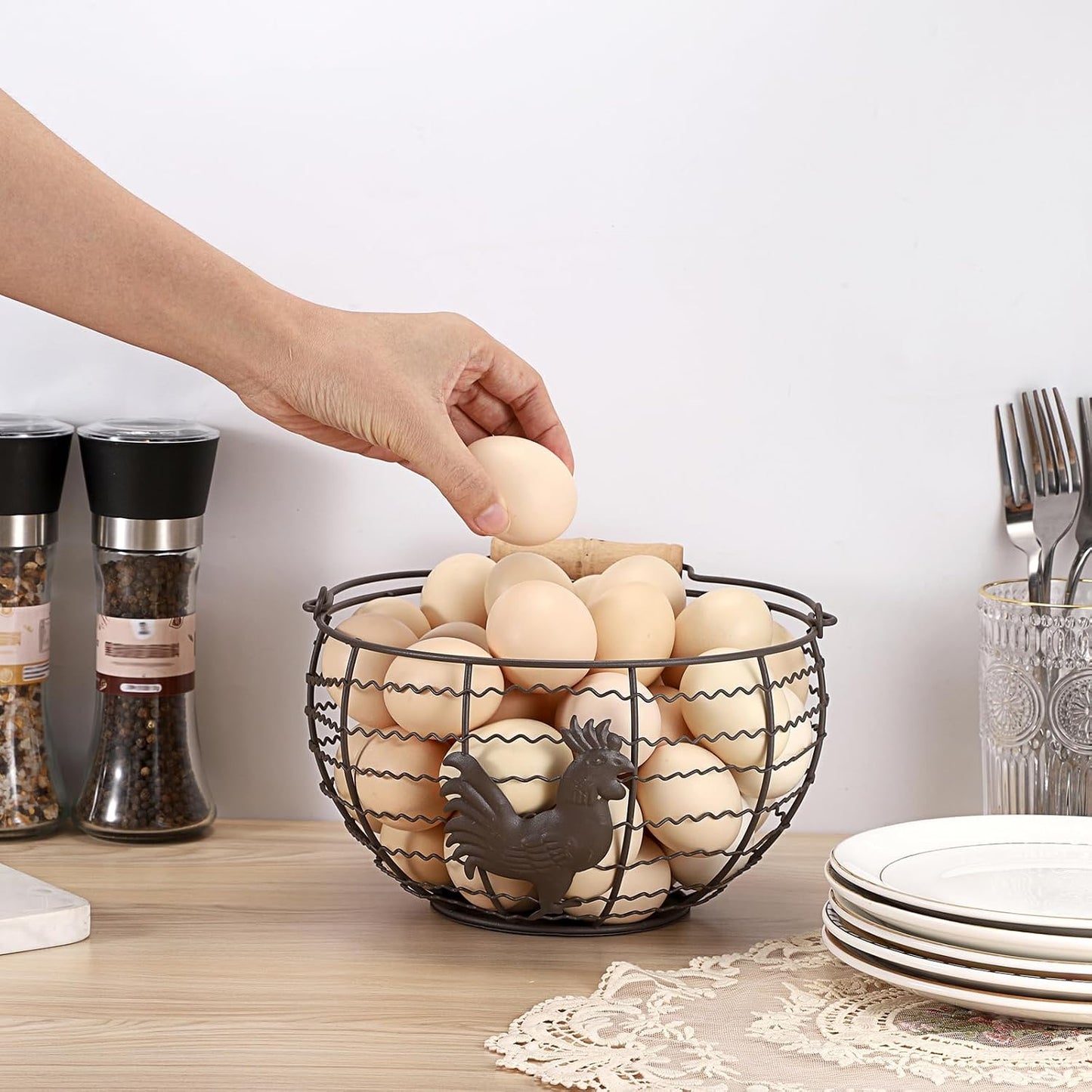 Farmhouse Egg 8'' Basket for Gathering Fresh Eggs, Wire Egg Basket | Chicken Eggs Holder for Countertop Kitchen, Wire Basket with Wood Handle, Vintage Style, Round, Rooster Pattern, Solid Bottom