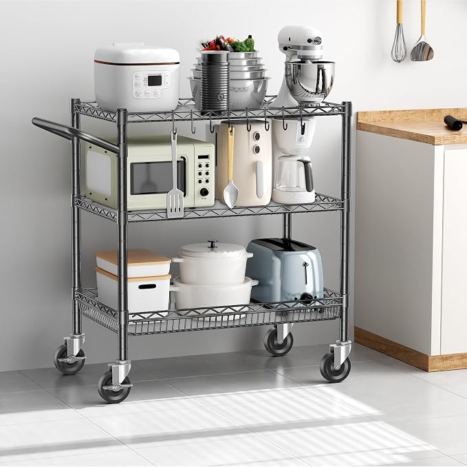 3 Tier Metal Cart with Wheels, Heavy Duty Utility Rolling Cart 1050lbs - Image 7