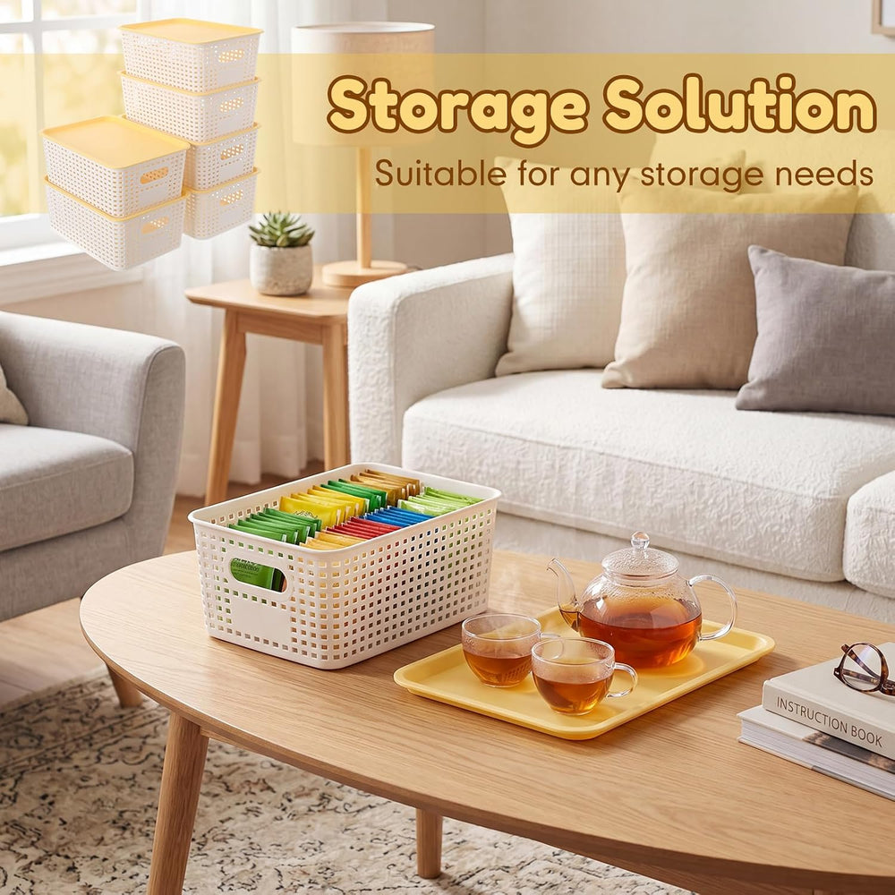 Remerry 12 Pack Plastic Storage Baskets with Lids Stackable, Cream White
