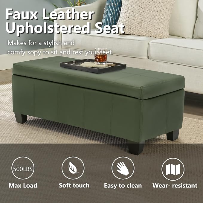 Teal Faux Leather Ottoman with Storage, Rectangular Extra Long Storage Bench - Image 4