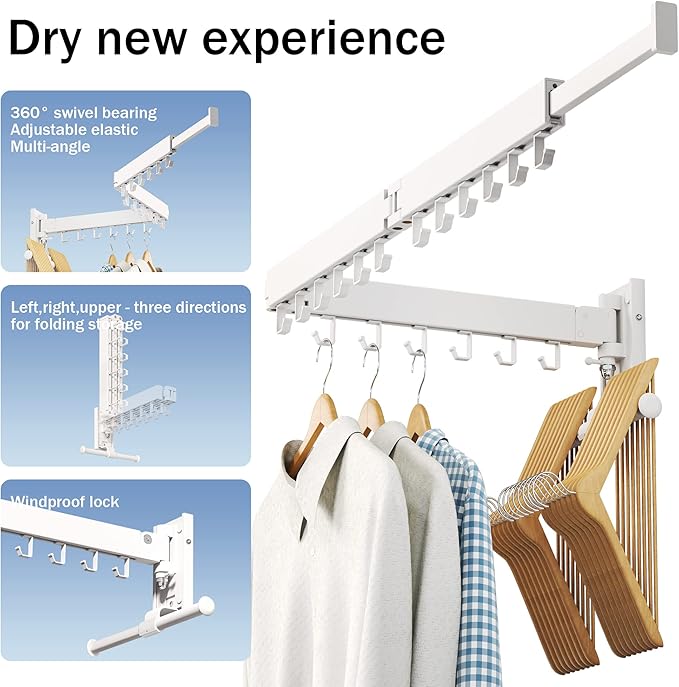 Drying Rack, Wall Mounted Clothes Rack, 220lbs Capacity - Image 2