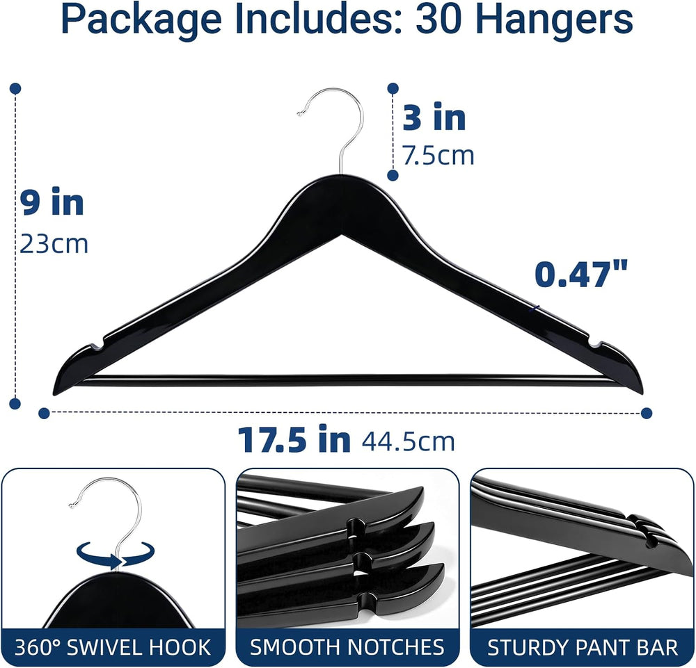 Amber Home 30 Pack Black Wooden Coat Hangers, Wood Suit Hangers